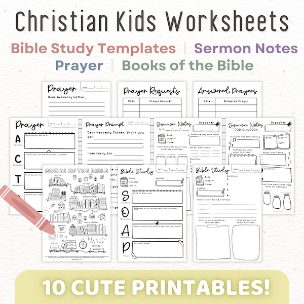 Christian Kids Printable Worksheets | Children SOAP Bible Study Template, Sermon Notes, Books of the Bible Coloring Activity | Sunday School