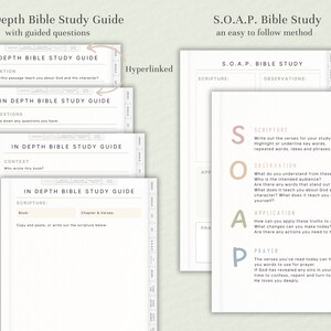 May include: A printable Bible study guide with a light brown background and a white text overlay. The guide is divided into four sections: Scripture, Observation, Application, and Prayer. Each section has a corresponding question to help the user study the Bible in depth.