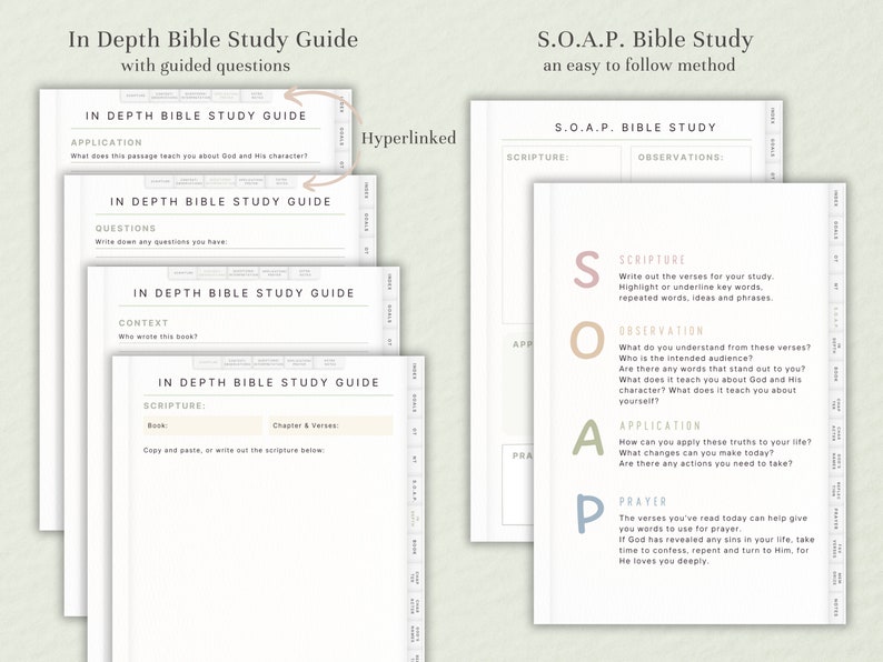 May include: A printable Bible study guide with a light brown background and a white text overlay. The guide is divided into four sections: Scripture, Observation, Application, and Prayer. Each section has a corresponding question to help the user study the Bible in depth.