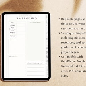 May include: A digital tablet displaying a printable Bible study template. The template includes sections for the book name, author, date written, genre, key people, and key themes. The text on the tablet reads "BIBLE BOOK STUDY" and "OUTLINE OF BOOK".