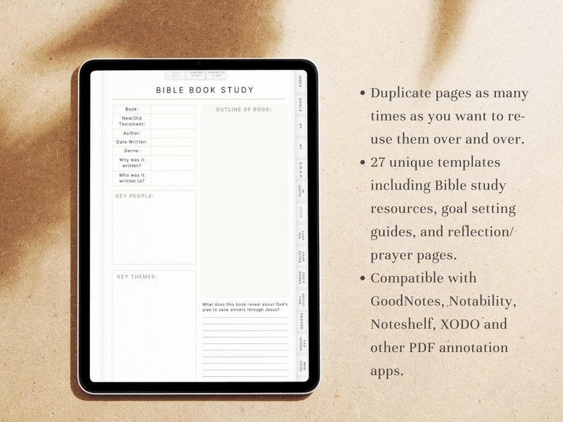 May include: A digital tablet displaying a printable Bible study template. The template includes sections for the book name, author, date written, genre, key people, and key themes. The text on the tablet reads "BIBLE BOOK STUDY" and "OUTLINE OF BOOK".