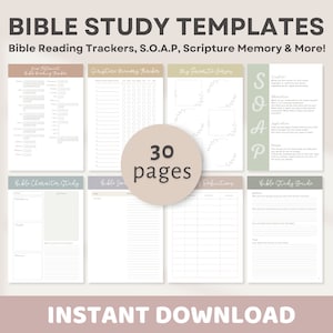 Könnte beinhalten: Ein Satz druckbarer Bibelstudienvorlagen im PDF-Format. Die Vorlagen beinhalten einen Bibel-Lese-Tracker, einen Schriftgedächtnis-Tracker, einen SOAP-Studienleitfaden, eine Bibel-Charakterstudie und Bibel-Tagebuchseiten. Die Vorlagen sind in einem minimalistischen Stil mit einer neutralen Farbpalette aus Beige, Grau und Weiß gestaltet.