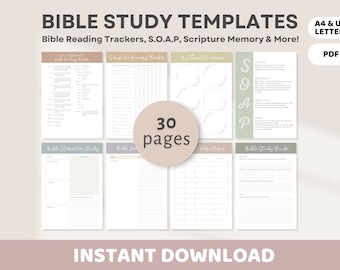 Bible Study Template Printables | SOAP Method, Bible Journaling, Scripture Memory, Sermon Notes | Book, Chapter, Character & Key Verse Study