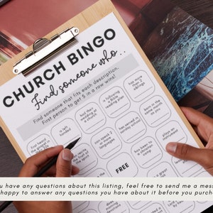Church Bingo Ice Breaker Game black and white on clip board