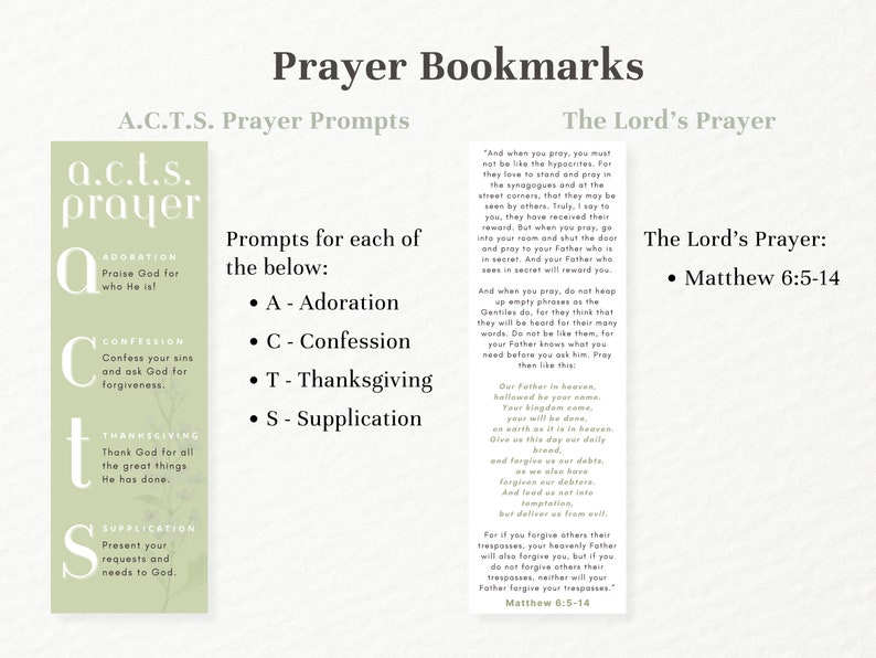 green prayer bookmarks acts prayer prompts and the lord's prayer
