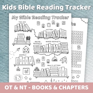 Afdrukbare bijbelleestracker voor kinderen | Boeken van de Bijbel, het Oude en het Nieuwe Testament | Bijbel hoofdstuklogboek Christelijke kleurplaten zondagsschoolactiviteit