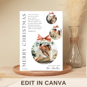 Christliche bearbeitbare Spielerei-Weihnachtskarte | Canva Vorlage | Bibel-Vers-Grußkarte, personalisierte religiöse Familienfoto frohe Weihnachten