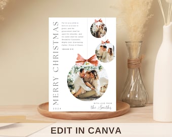 Tarjeta de Navidad con adornos navideños editables cristianos/Plantilla Canva/Tarjeta de felicitación con versículo bíblico, foto familiar religiosa personalizada Feliz Navidad