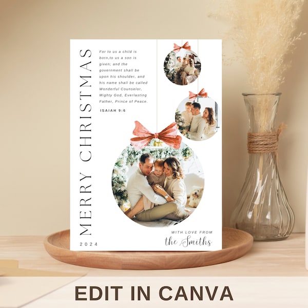Christian Editable Bauble Christmas Card | Canva Template | Bible Verse Greeting Card, Personalized Religious Family Photo Merry Christmas