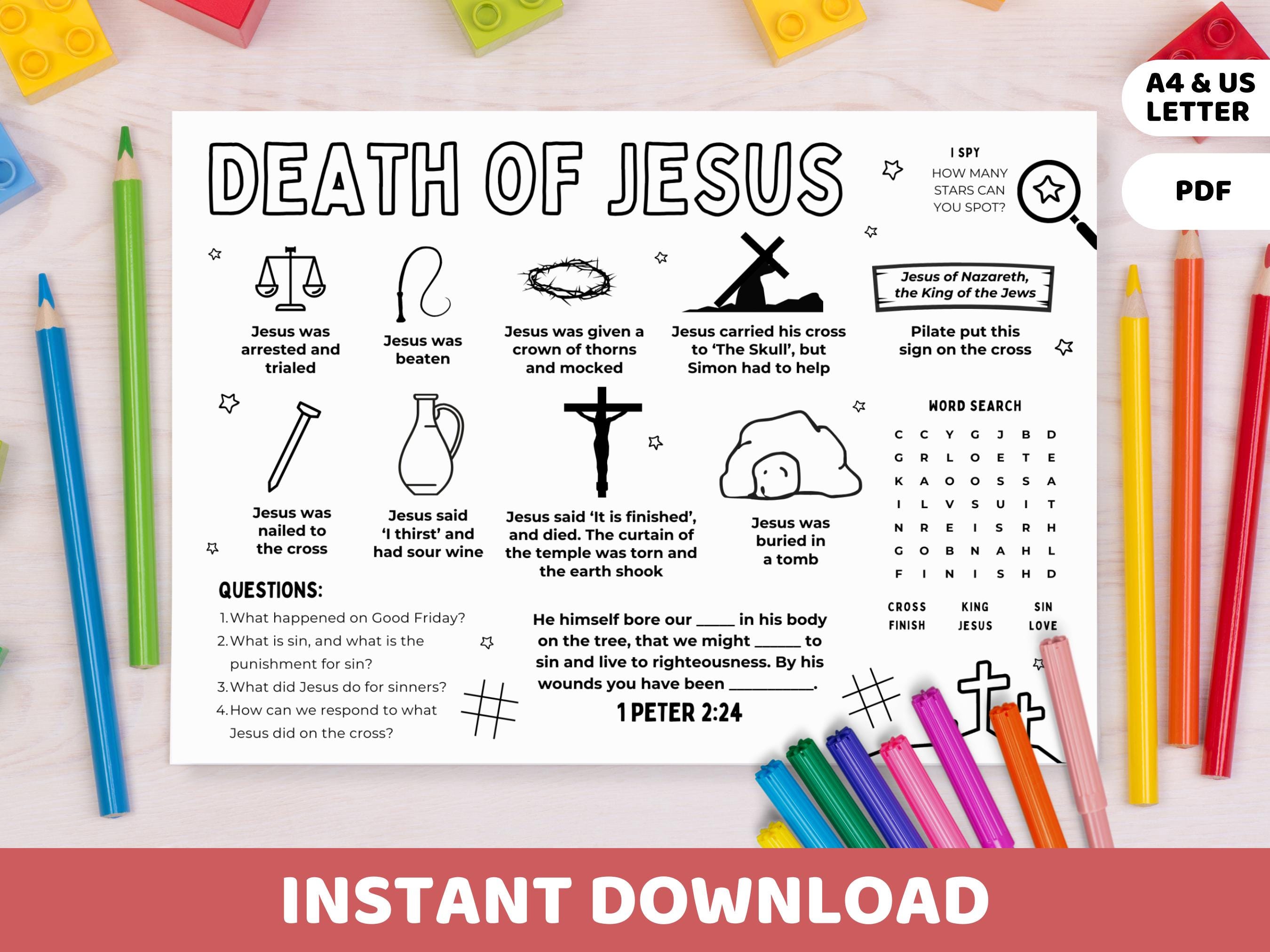 Death of Jesus Activity Sheet Printable | Crucifixion of Christ Kids Bible Coloring Page, Good Friday Easter Sunday School Lesson for Church