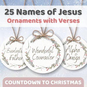 Ornamentos do Advento com Nomes de Jesus e Versículos Bíblicos para Impressão NVI | Contagem regressiva de Natal para crianças cristãs, Escrituras com perguntas para discussão