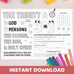 Dreifaltiges Tätigkeitsblatt Printable | Gott der Vater, Sohn, Heiliger Geist Tischset | Kinder Bibel Färbung & Spiel, Kirche Sonntagsschulunterricht Handwerk