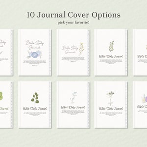May include: Ten different cover designs for a Bible study journal. Each design features a different floral illustration and the text "Bible Study Journal".