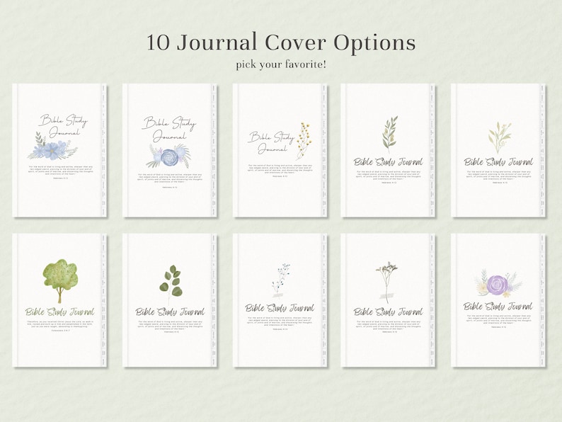 May include: Ten different cover designs for a Bible study journal. Each design features a different floral illustration and the text "Bible Study Journal".
