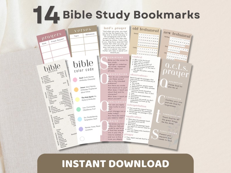 14 Bible Study Bookmarks Printable Instant Download. Pastel Pink and Beige Christian Bookmarks. Books of the Bible, Bible Color Code, S.O.A.P. Bible Study, A.C.T.S Prayer, Bible Reading Tracker Bookmarks