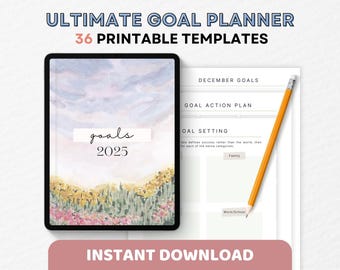 Op de afbeelding: Een digitale planner met een aquarel achtergrond met een zonsondergang en bloemen. De planner heeft de titel "goals 2025" en bevat een sectie voor decemberdoelen, een actieplan voor doelen en doelstelling.