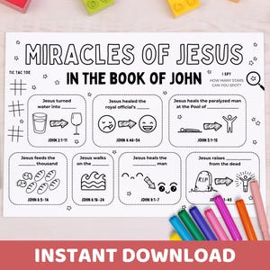 Tovaglietta da colorare della Bibbia con i miracoli di Gesù, stampabile / Scuola domenicale di Giovanni, istruzione parentale, lezione per bambini in chiesa / Scheda di attività biblica con giochi