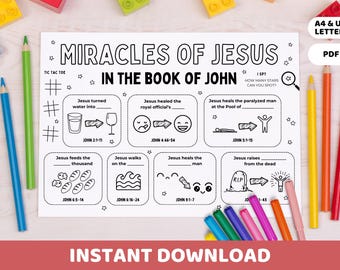Miracles of Jesus Bible Coloring Placemat Printable | John Sunday School, Homeschool, Kids Church Lesson | Bible Activity Sheet with Games