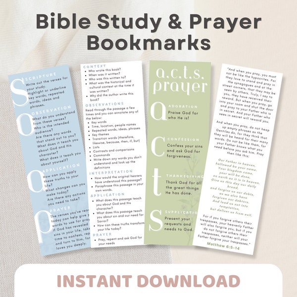 SOAP Bible Study Bookmark & ACTS Prayer Bookmark | 4 Bible Study Prayer Bookmarks Printable PDF | Christian Bookmark, Bible Study Resource