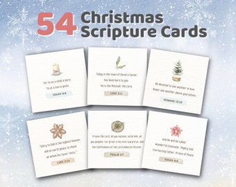 Könnte beinhalten: Set mit 54 Weihnachtskarten mit Aquarell-Illustrationen. Die Karten zeigen Verse aus der Bibel, darunter Jesaja 9,6, Lukas 2,11, Römer 12,10, Lukas 2,14, Psalm 117 und Jesaja 9,6.