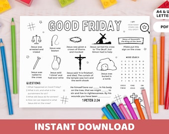 Good Friday Activity Sheet Printable | Crucifixion of Jesus, Kids Bible Coloring, Easter Sunday School Church Lesson, Homeschool Placemat