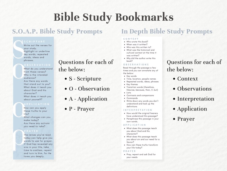 bible study bookmarks. S.o.a.p. bible study prompts and in depth bible study prompts bookmark