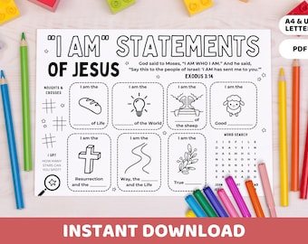Puede incluir: Hoja de trabajo imprimible en blanco y negro con el título "I AM" Statements of Jesus." La hoja de trabajo incluye una búsqueda de palabras, una actividad "I Spy" y varias afirmaciones "I am the..." con imágenes para colorear. La referencia bíblica Éxodo 3:14 está incluida.
