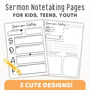 Könnte beinhalten: Zwei druckbare Seiten zum Mitschreiben von Predigten für Kinder, Jugendliche und junge Erwachsene. Die erste Seite enthält das Akronym SOAP für Schrift, Beobachtung, Anwendung und Gebet. Die zweite Seite hat einen Abschnitt für Buch, Kapitel, Vers, Autor, Fragen und Wörter, die du nicht kanntest. Beide Seiten haben ein süßes, handgezeichnetes Design.