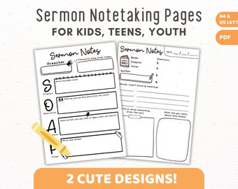 Sermon Notes Printable for Children Kids Elementary Youth Teens | Sermon Notetaking Template | SOAP Bible Study Method, Church Sunday School