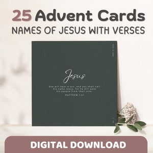 イエスの名前と聖書の一節が印刷できるアドベントカレンダーカード 25 枚 | クリスマス カウントダウン、子供用聖書カード、ディスカッション クエスチョン