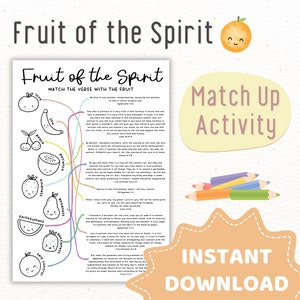 fruit of the spirit match up bible verse activity for sunday school, homeschool, kids church. Instant download printable page