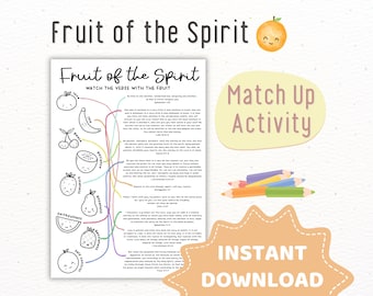 May include: A printable worksheet with colorful illustrations of fruit and verses from the Bible. The worksheet is titled "Fruit of the Spirit" and includes the phrase "Match the Verse with the Fruit".