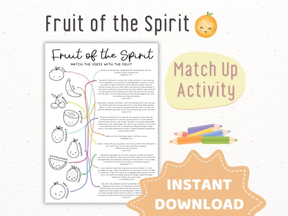 Fruit of the Spirit Activity Match Up Bible Verses | Christian Coloring Bible Lesson for Sunday School, Homeschool, Kids Church Printable