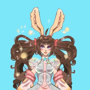 Peut inclure: Une illustration de dessin animé d'une personne aux longs cheveux bruns portant une robe blanche avec des accents roses et bleus. La personne a des oreilles de lapin et est entourée d'étoiles et de planètes.
