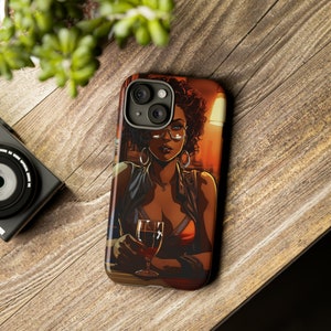 Beautiful Black Girl, Afro Centric, Black Girl Magic, Afro Art, Beautiful Black Woman having a cocktail Custom Phone Case