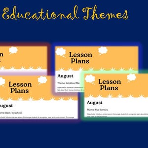 May include: Four rectangular educational lesson plan cards with orange headers and white backgrounds. Each card features the text Lesson Plans, August, and specific themes including Emotions, All About Me, Back To School, and Five Senses.