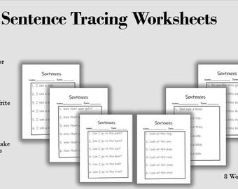 Sentence Tracing Worksheets, Handwriting Practice , Printable Worksheets, Digital Download