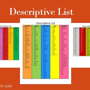 Tabla de palabras descriptivas: adjetivos y adverbios (hoja de trabajo imprimible) Descarga digital
