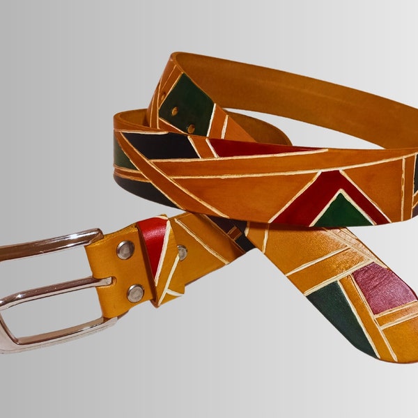 Retro Leather Belt Tooled Elegant High Quality Beef Leather Belt Cool Colorful Belt For Men And Women Chic Abstract Designer Unique Belt