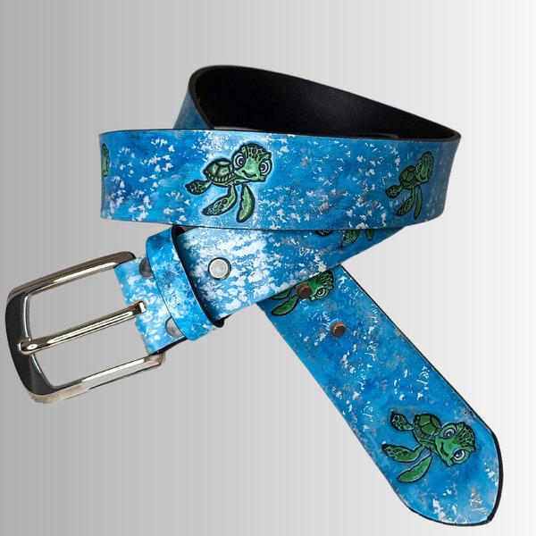 Water Turtle Leather Belt Blue Hallmarked Belt Cool Colorful Design Painted Handmade Belt Crazy Leather Belt For Family Friends