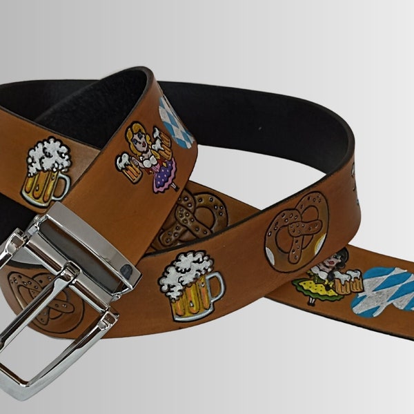 Oktoberfest Leather Belt, Handmade Hallmarked Belt, Trendy Unique Festival Leather Belt For Oktoberfest Fans, Cool Painted Trachten Belt