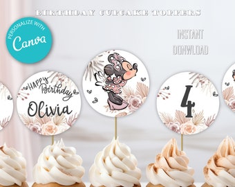 Boho Minnie Mouse Birthday Decoration | Bohemian Minnie Mouse Tags | Floral Leaves Minnie Blush Pink cupcake Topper | Edit and Print Decor