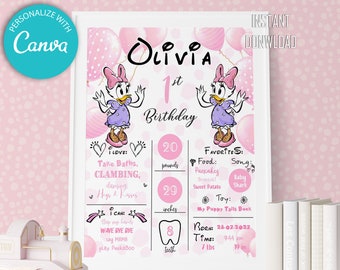 Daisy Duck First Birthday Milestone Sign: Pink Balloons (Editable Template)