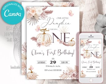 Little Pumpkin First Birthday Invitation: Editable Fall Theme (Digital Download)