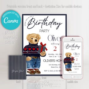 Invitation d'anniversaire garçon Ralph Lauren | Invitation garçon ours en peluche |  Faire-part numérique | Faire-part d'anniversaire à modifier et à imprimer à la maison
