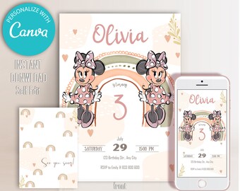 Bohemian Minnie Mouse Birthday Invitation: Blush Rainbow (Digital Download)