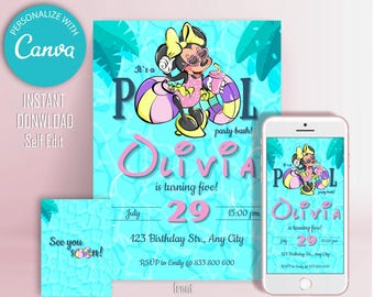 Minnie Mouse Pool Party Invitation: Editable Birthday Invite (Digital Download, 5x7 & Phone Size)