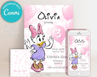 Daisy Duck Birthday Invitation: Pink Balloons (Digital Invitation)