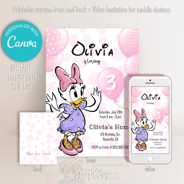 Daisy Duck Birthday Invitation | Pink Balloon Daisy Duck Invite | Simple Design |  Digital invitation | Edit and Print at Home