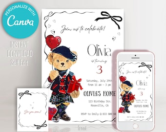 Bear Girl Birthday Invitation: Editable Digital Invite (Digital Download)